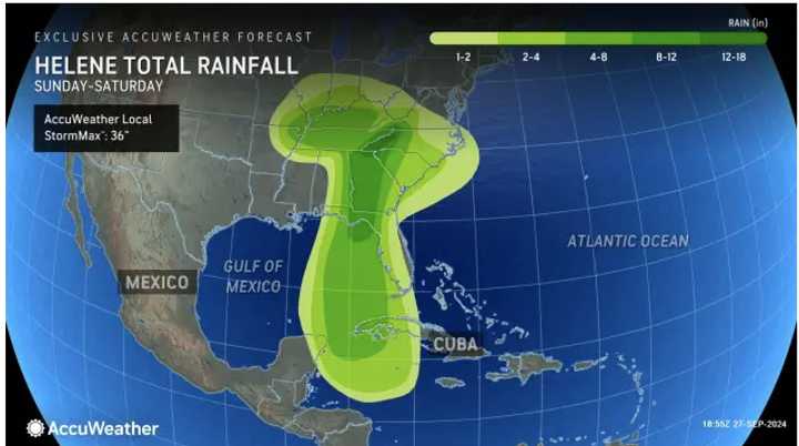 Rainfall projections for Helene from AccuWeather.com, with areas in the darkest shade of green expected to see 12 to 18 inches.