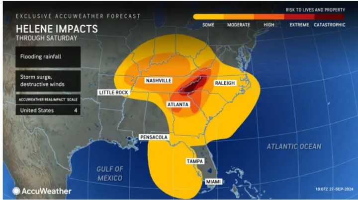 Now a tropical storm with 70 mile-per-hour winds, located over Georgia at daybreak on Friday, Sept. 27, it will continues to deliver life-threatening storm surge, damaging winds, and heavy rain as it moves north