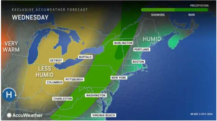 There will be a mix of sun and clouds on Wednesday, Oct. 2, with some scattered showers in parts of the Northeast farthest inland.