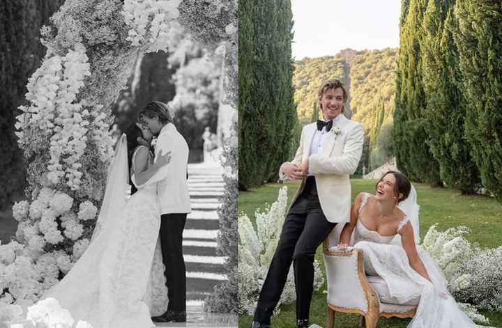 Millie Bobby Brown wears a custom Galia Lahav gown at her Italian wedding to Jake Bongiovi.
  
