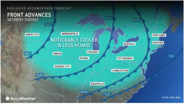 A strong cold front will pass through the Northeast Sunday night, Oct. 6, into Monday morning, Oct. 7.