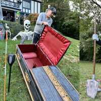 <p>Maltin sets up a casket at the Ridgewood Halloween House, left, and the massive grave-digger.</p>