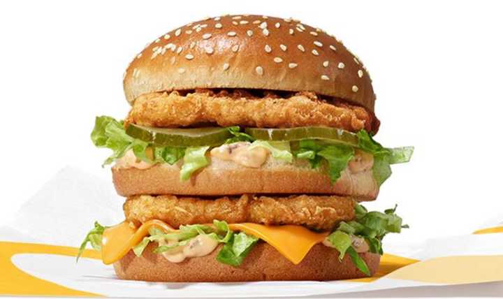 The Chicken Big Mac is made up of two tempura battered chicken patties, special sauce, lettuce, cheese, and pickles on a sesame seed bun.
  
