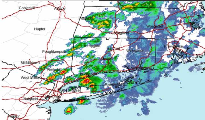 A radar image of the region above. from just before 7 a.m. Monday, Oct. 7 shows the system with areas with severe storms with thunder and lightning marked in red.&nbsp;
  
