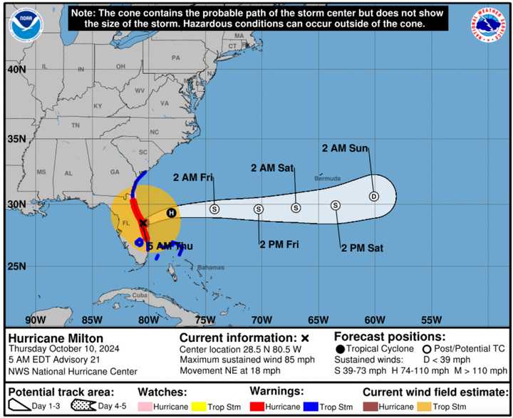 Milton crisscrossed through Florida after making landfall near Sarasota in the middle of the evening on Wednesday, Oct. 9, before moving off the coast early Thursday morning, Oct. 10, around Cape Canaveral.
  
