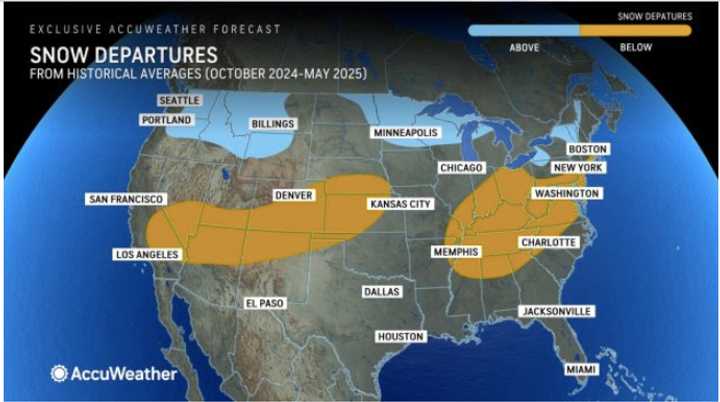 Areas in the darker shade are expected to see below average snowfall in 2024-25 while above affair totals are expected in the areas in light blue.