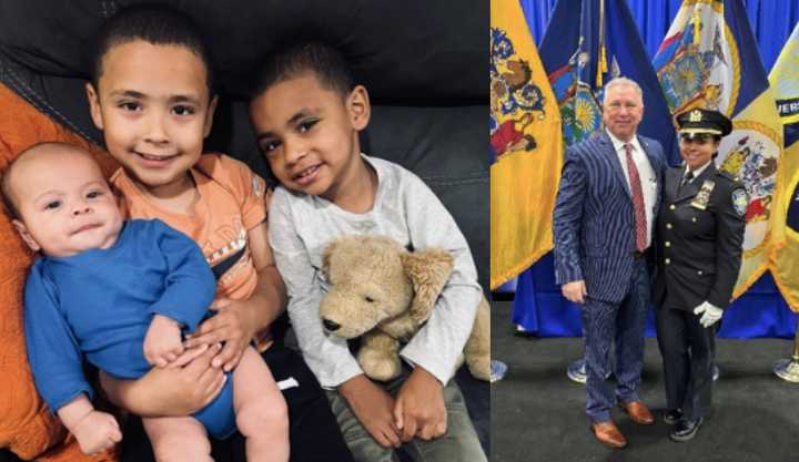 Left: Priscilla Sanchez's sons clutch Bingo. Right: Sanchez and PAPD Superintendent Ed Cetnar.