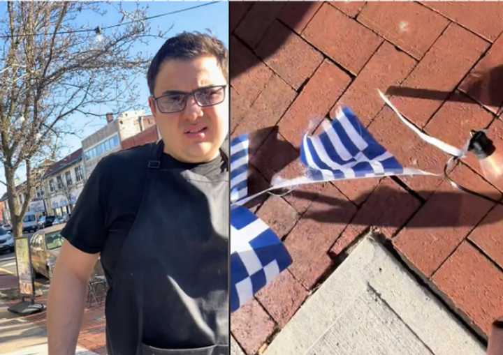 Efi's Gyro employees look on with confusion as a TikToker films herself ripping down Greek flags that she'd mistaken for Israeli flags.