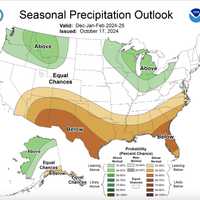 <p>Green-shaded areas are expected to see above-average precipitation, with equal chances of above or below totals in areas shown in white.</p>