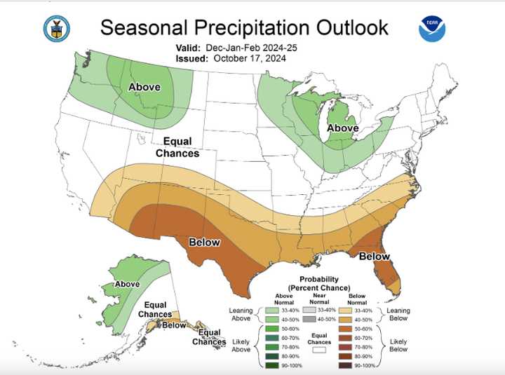 Green-shaded areas are expected to see above-average precipitation, with equal chances of above or below totals in areas shown in white.