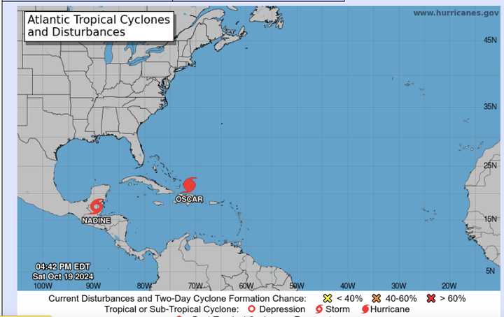 Just hours after Nadine was upgraded to a tropical storm on Saturday, Oct. 19, Oscar quickly strengthened to become a hurricane.