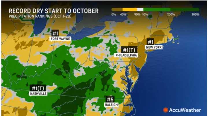 Areas shaded in brown have seen the driest conditions in October.