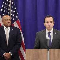 <p>NJ AG Matthew Platkin with J. Stephen Ferketic, Director of the Division of Criminal Justice (right) and Weldon Powell, Chief of Detectives (left).</p>