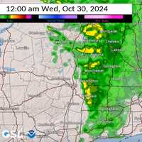 <p>A satellite projection of what conditions will look like at midnight on Wednesday, Oct. 30.</p>