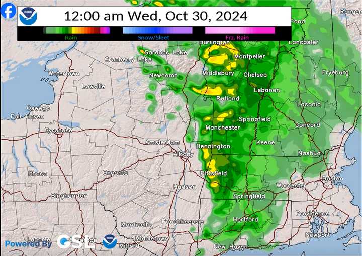 A satellite projection of what conditions will look like at midnight on Wednesday, Oct. 30.