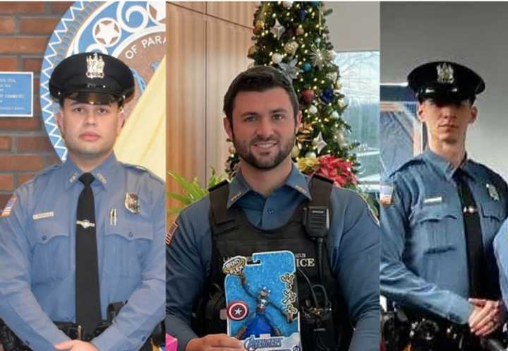 Paramus Police Officers Hugo Rodriguez, Vincent LaBarbiera, and Nicholas Perna.