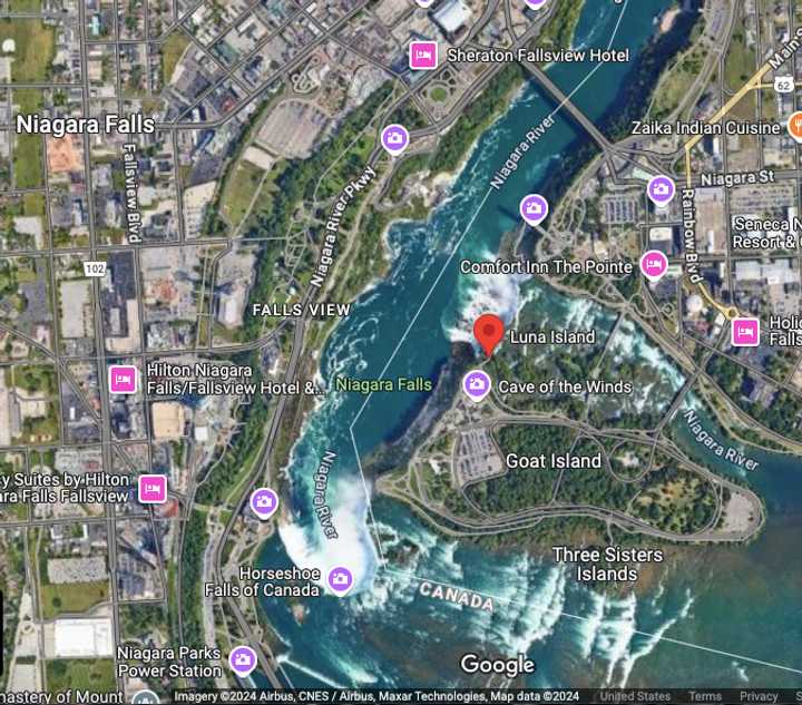 The area of Niagara Falls -- Luna Island (marked in red) -- where the incident happened.