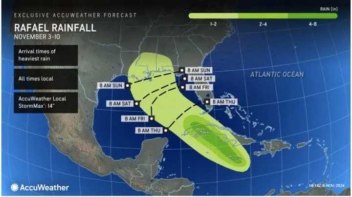 A look at projected rainfall totals for Rafael in the coming days.