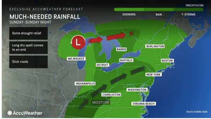 Rainfall is expected to arrive Sunday afternoon, Nov. 10, and continue through Sunday night before wrapping up around daybreak on Veterans Day on Monday, Nov. 11.