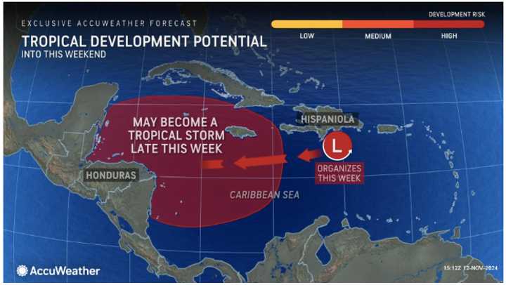 AccuWeather hurricane experts issued a high risk for potential tropical development in the western Caribbean that could develop sometime on or after Thursday, Nov. 14.  
  
