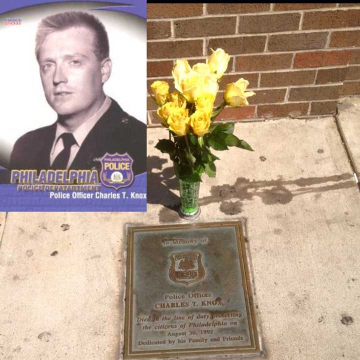 A memorial plaque dedicated to&nbsp;Officer Charles Knox, a Philadelphia police officer who was killed in the line of duty on Aug. 30, 1992 (main photo). A photo of Officer Knox (inset).