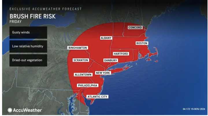 A look at the broad area where there is an increased risk of fire spread on Friday, Nov. 15.