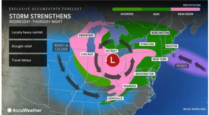 The storm will bring a mix of snow and rain in areas shown in pink and rain in spots shown in green.