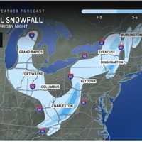 <p>A look at the broad area where snowfall is expected from a complex storm system that will sweep through the Northeast.</p>