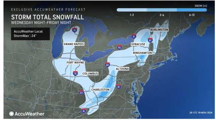 A look at the broad area where snowfall is expected from a complex storm system that will sweep through the Northeast.