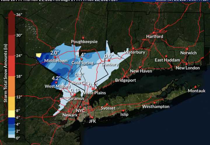 Projected snowfall totals from between 7 p.m. Thursday, Nov. 21 and 10 a.m. Friday, Nov. 22, with up to 4 inches predicted in spots shown in dark blue.