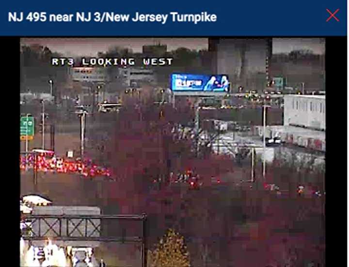 Traffic backs up on the Turnpike.