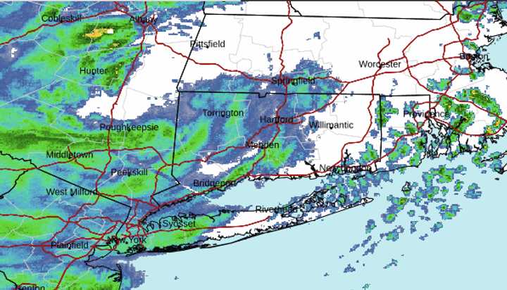 A radar image of the region at around daybreak Friday, Nov. 22, showing a mix of snow, sleet, and rain.