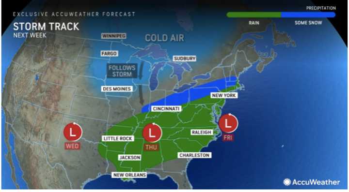 Areas shown in blue are expected to see snow from the Thanksgiving week storm.