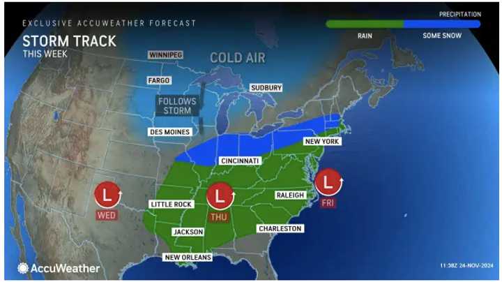 The areas shaded in green are forecasted to receive the most rainfall from the Thanksgiving storm. Locations marked in blue may see a rain/snow mix, with accumulating snow possible.