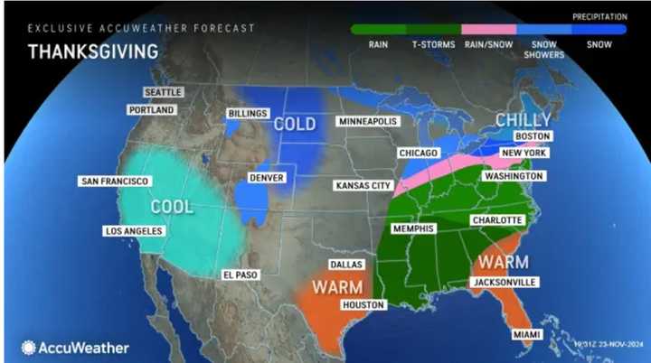 The areas shaded in green are forecasted to receive the most rainfall from the Thanksgiving storm. Locations marked in pink may see a rain/snow mix, while snow showers and accumulation are possible in the areas colored blue.