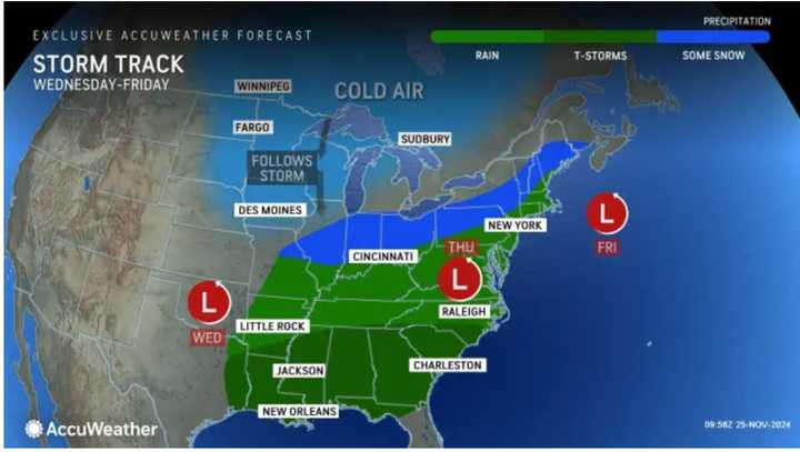 Most of the East Coast will see rain from the system (shown in green), with some snow in areas displayed in blue.