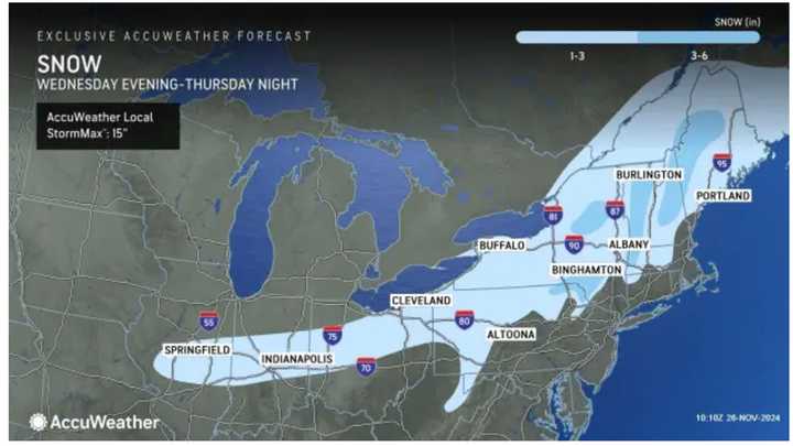 A look at locations where snow is expected, with 3 to 6 inches possible in areas in the darker shade of blue.