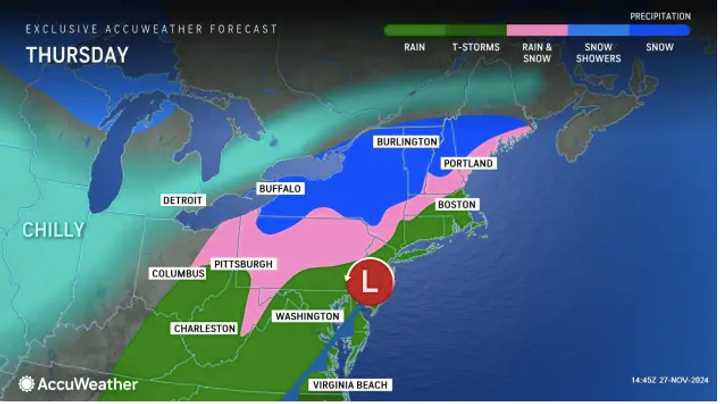 A look at precipitation types predicted by location: heavy rain and thunderstorms (dark green), rain (green), a mix of rain and snow (pink), and snow (blue).
  
