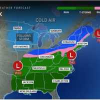 <p>A look at precipitation types predicted by location: heavy rain and thunderstorms (dark green), rain (green), a mix of rain and snow (pink), and snow (blue).</p>