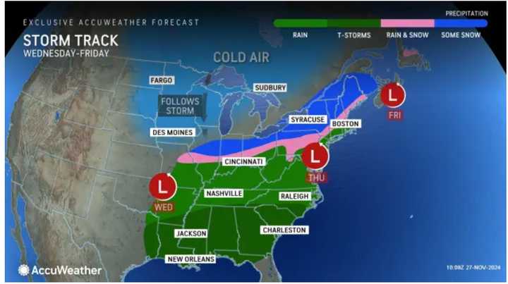 A look at precipitation types predicted by location: heavy rain and thunderstorms (dark green), rain (green), a mix of rain and snow (pink), and snow (blue).