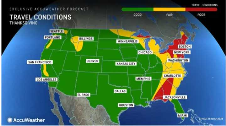 Areas experiencing poor Thanksgiving Day travel conditions (marked in red) on Thursday, Nov. 28.
  
