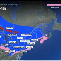 <p>Tuesday, Dec. 3, will mark the start of a string of days in which Alberta Clipper systems with fast-falling snowfall are possible in these areas shown in pink and blue.</p>