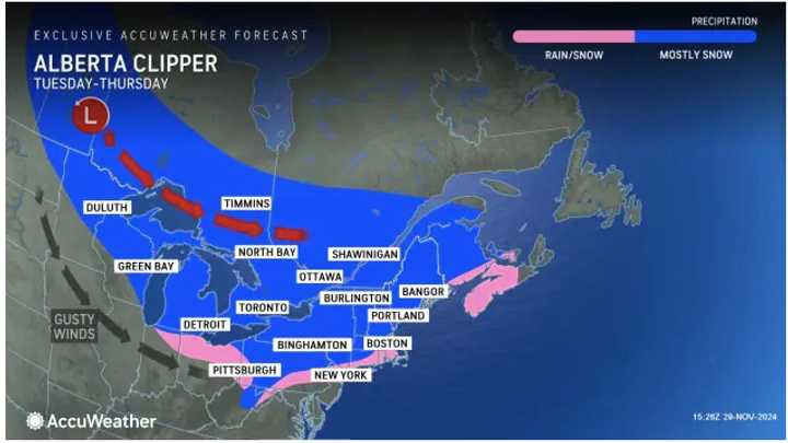 Tuesday, Dec. 3, will mark the start of a string of days in which Alberta Clipper systems with fast-falling snowfall are possible in these areas shown in pink and blue.