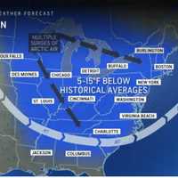 <p>A look at the broad area that will see a cold pattern starting as the weekend arrives and continuing into next week.</p>