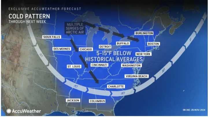 A look at the broad area that will see a cold pattern starting as the weekend arrives and continuing into next week.