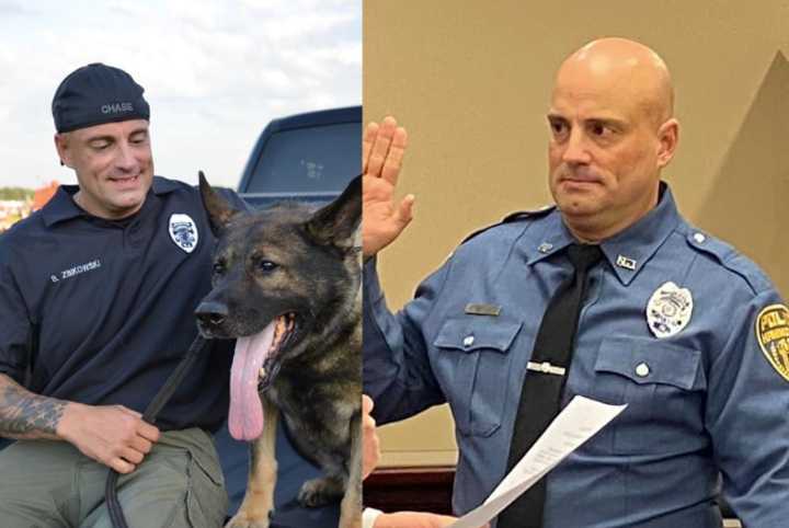 Hammonton Police Detective&nbsp;Sgt. Robert Zbikowski: Pictured left with his late Police K-9, Chase, and right at his promotion.