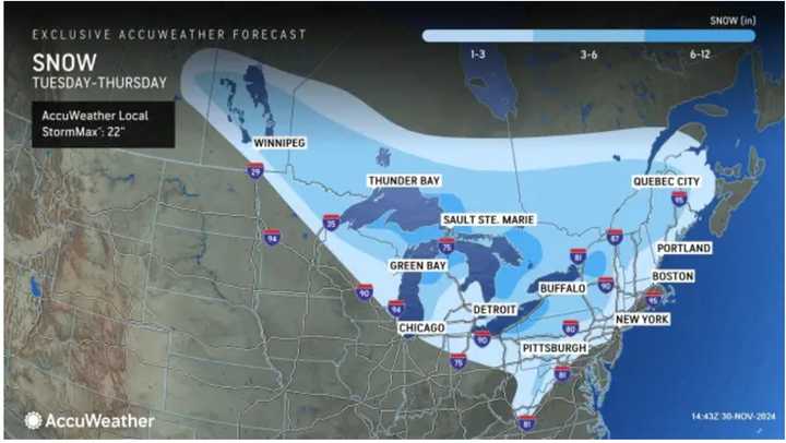 A widespread 1 to 3 inches of snowfall is expected in locations in the lightest shade of blue, with areas farther inland expected to see 3 to 6 inches.