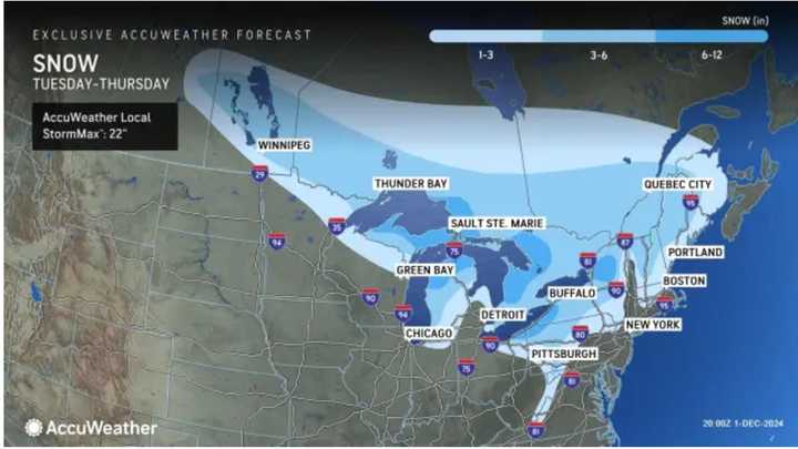 The Alberta Clipper system will bring accumulating snowfall to areas shown in blue, with 1 to 3 inches in the lightest shade, 3 to 6 inches, and 6 to 12 inches in the darker shades.