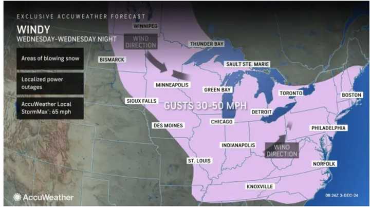 Wind speeds of 20 to 25 mph will include gusts up to 50 mph Wednesday night, Dec. 4, and throughout the day on Thursday, Dec. 5.