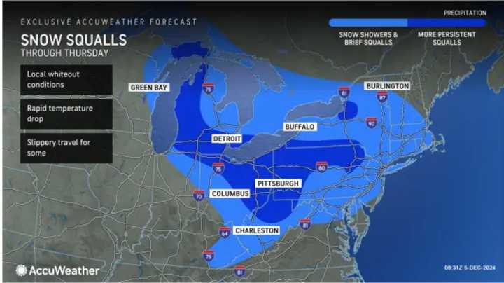 A look at areas (shown in blue) where there will be snow squalls Thursday morning, Dec. 5 into around midday.